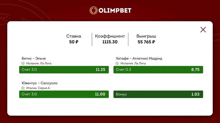 У клиента Olimpbet доехал экспресс из трех ставок на разгромы со счетом 3:0 У клиента Olimpbet доехал экспресс из трех ставок на разгромы со счетом 3:0